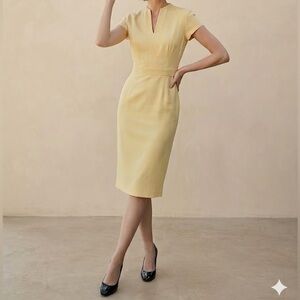 Maggy London Yellow Sheath Midi Dress Women Size 8 V-Neck Short Sleeve Lined